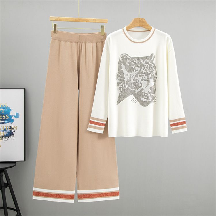 Ensemble en tricot imprimé léopard et strass pour femme : pull et pantalon surdimensionnés, deux pièces_voghion.com