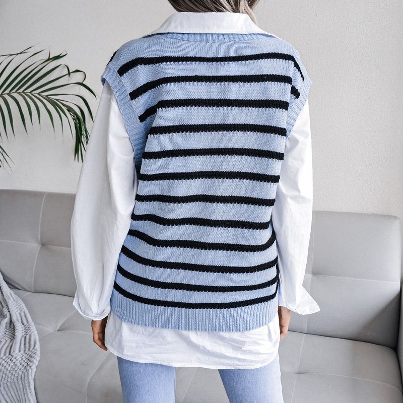 Maglione casual in maglia a righe con scollo a V, nuovo autunno inverno 2022, moda donna_voghion.com