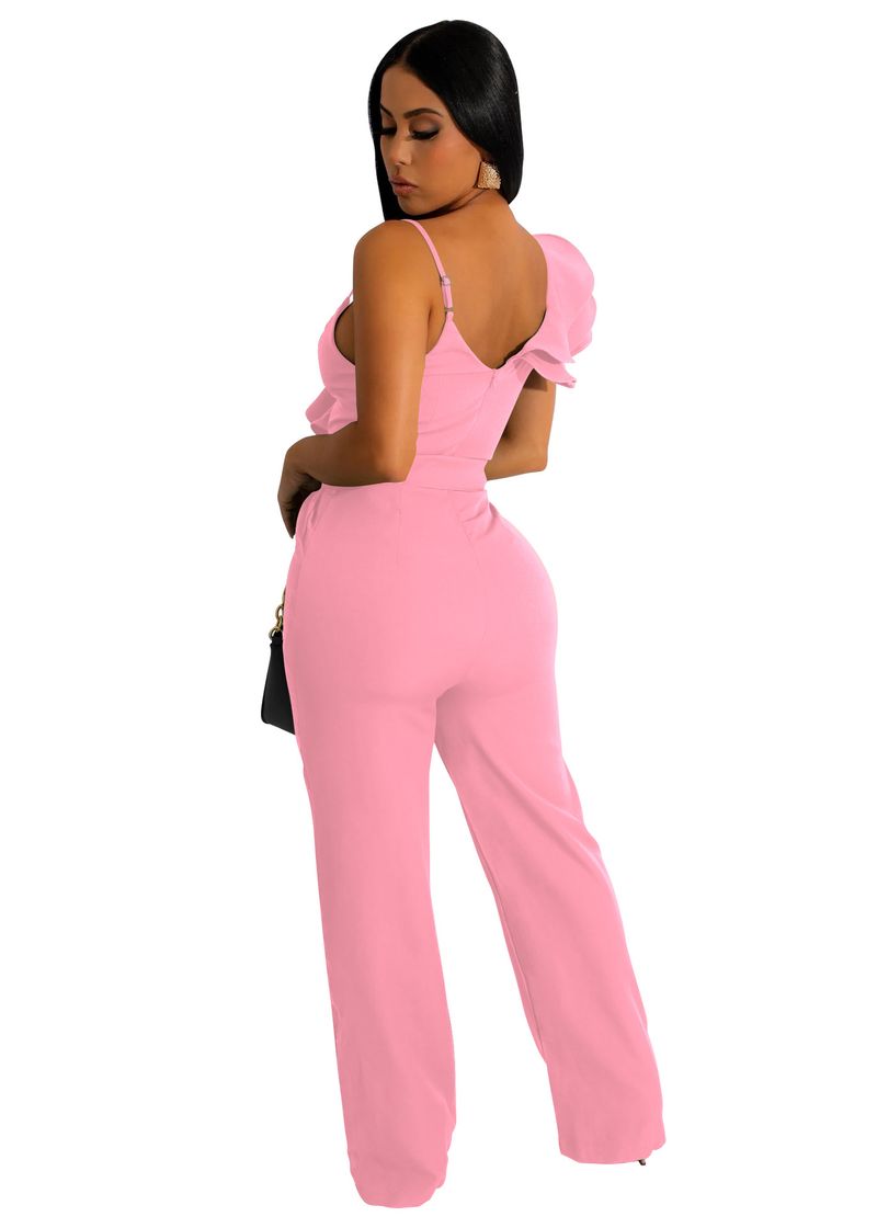 Ny moderigtig flæset enskuldret ærmeløs talje dyb V løs ensfarvet jumpsuit til kvinder_voghion.com