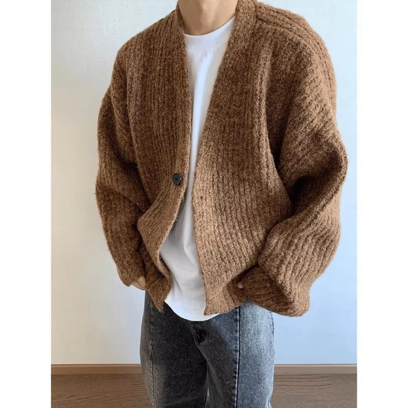 Men's Oversized Knit Cardigan – Japanese Minimalist Open Front Sweater (Brown/Blue, M-3XL)_voghion.com