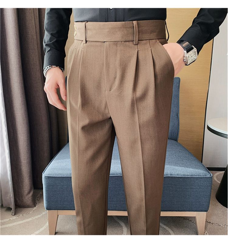 Pantaloni napoletani da uomo nuovi di zecca, in twill strutturato, con vita a pieghe, design casual a nove punte, vita media e alta_voghion.com