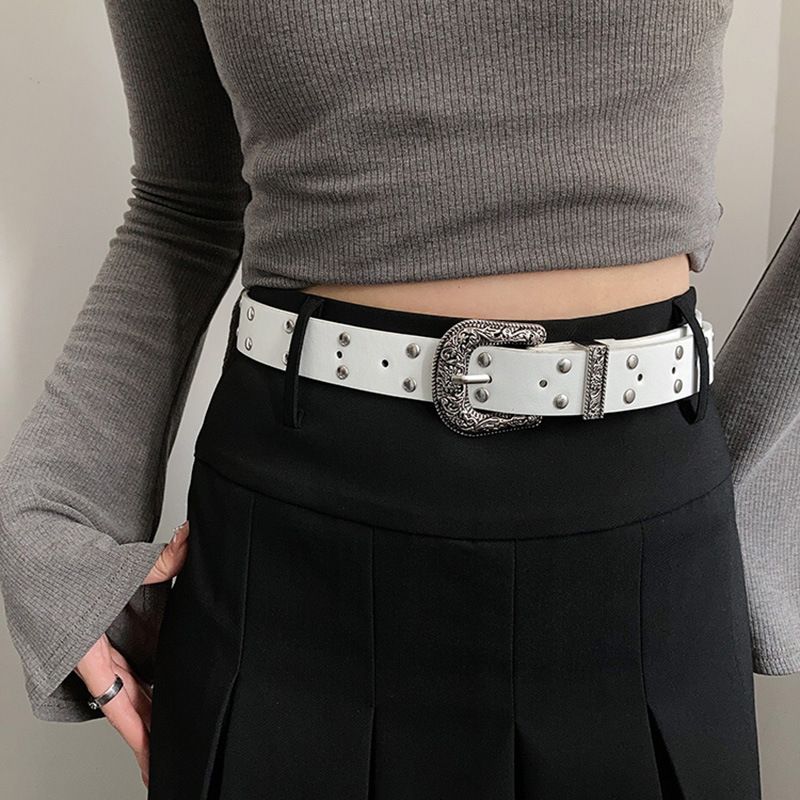 Cintura in jeans punk americana nera con borchie, versatile e di alta qualità per donna, accessorio alla moda_voghion.com