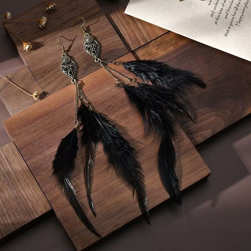Nuevos pendientes étnicos de cadena larga con plumas 2024, con foto de playa y paisajes._voghion.com