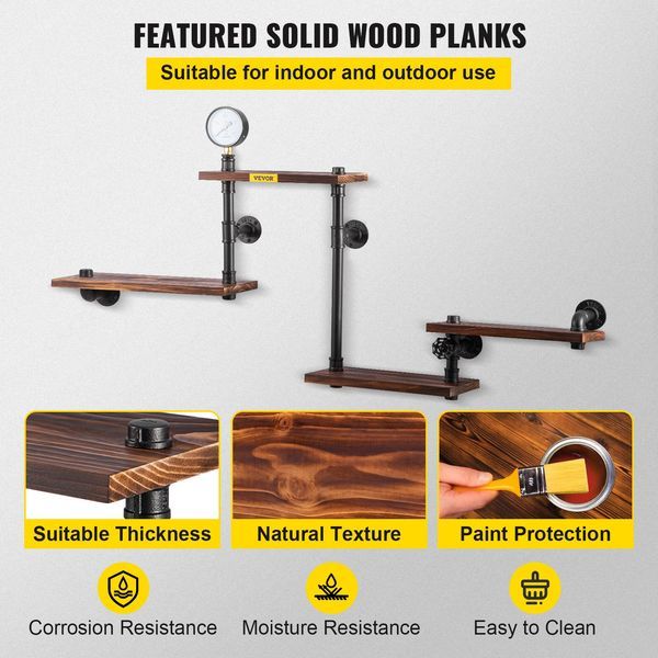 Industrial Pipe Shelving, Pipe Shelves With 4-Tier Wood Planks, Rustic Floating Shelves Wall Mounted, Wall Shelf DIY Bookshelf For Bar Kitchen Bath_voghion.com