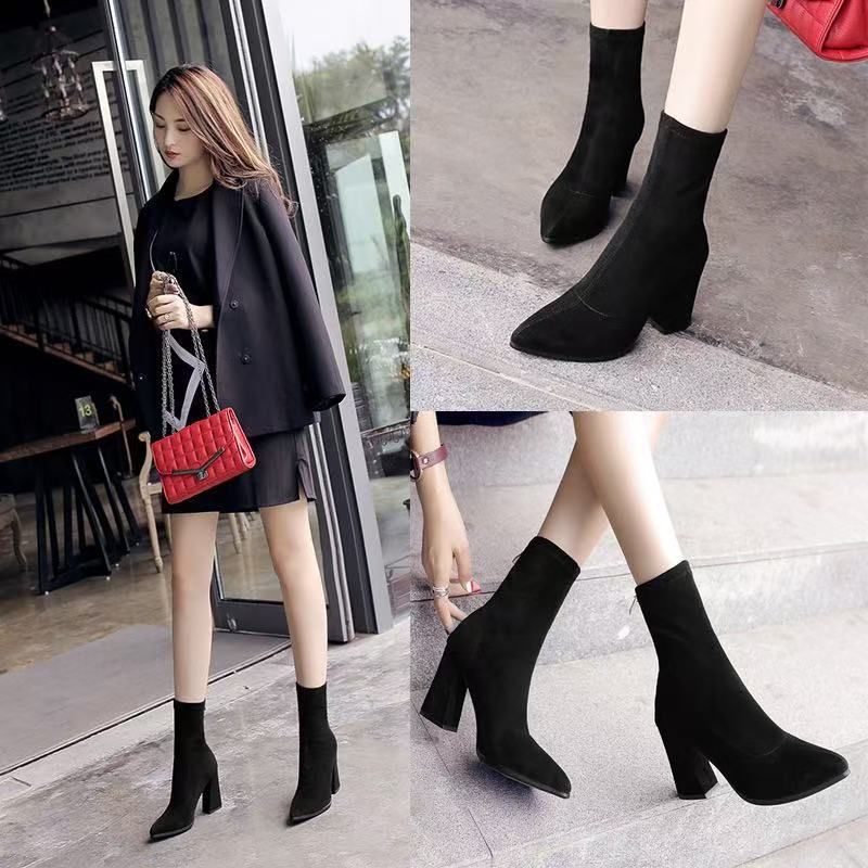2025 Autumn Winter New Thick Pointed Toe Suede Short Women High Heel Stretch Slim Fashion Boots_voghion.com