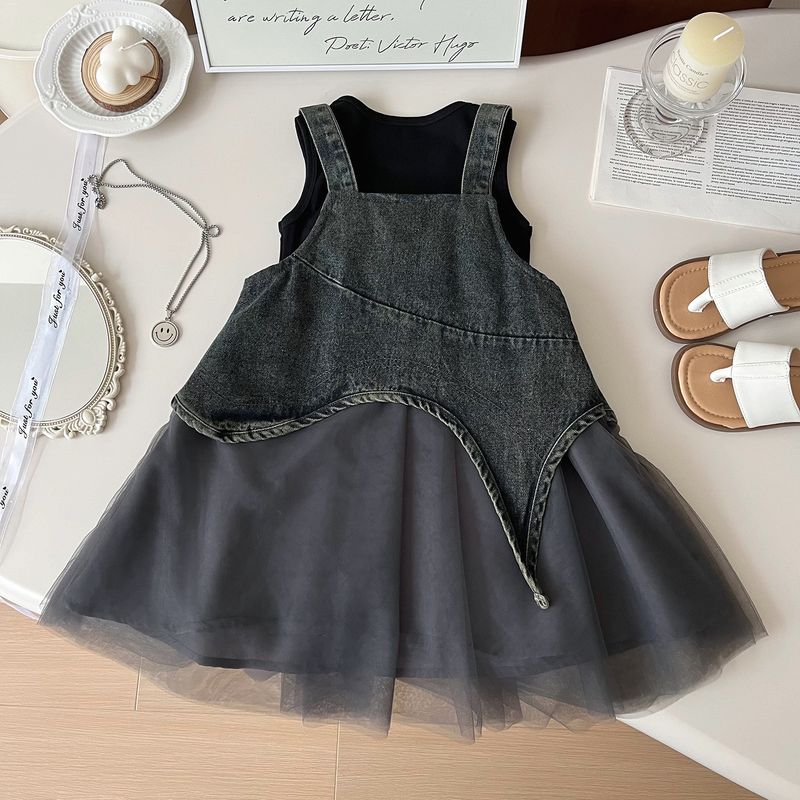 Mother & Kids Girls Suit Summer New Korean Version Denim Mesh Dress + Vest Princess Two Piece Suit Trendy_voghion.com