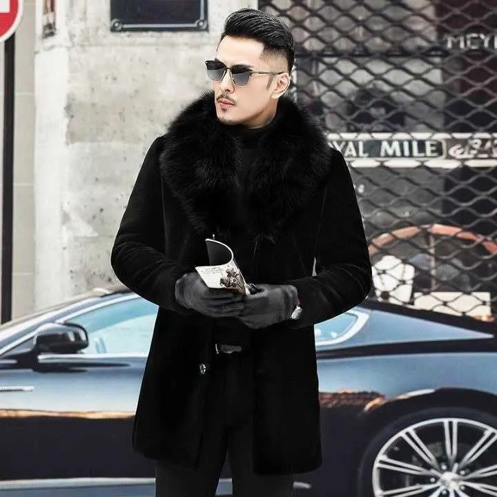Männer Pelz Faux Männlichen Schwarzen Kragen Mantel Button Up Langarm Oberbekleidung Winter Oversize Warme Mantel Männer Gefälschte Windjacke_voghion.com