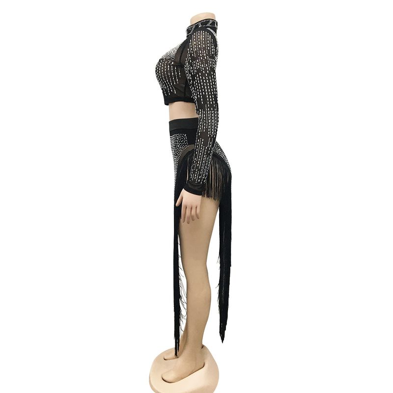 Vêtements pour femmes sexy discothèque chaude maille diamant transparente à manches longues fente longue jupe ensemble deux pièces_voghion.com