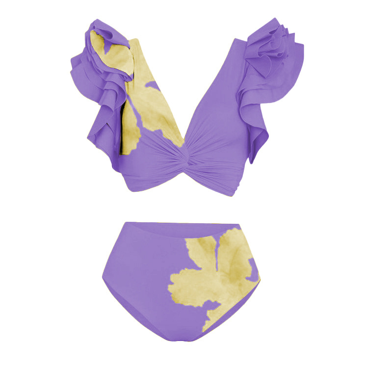 Damen-Badeanzug mit Schulterrüschen, bedruckt, hoher Taille und geteiltem Badeanzug_voghion.com
