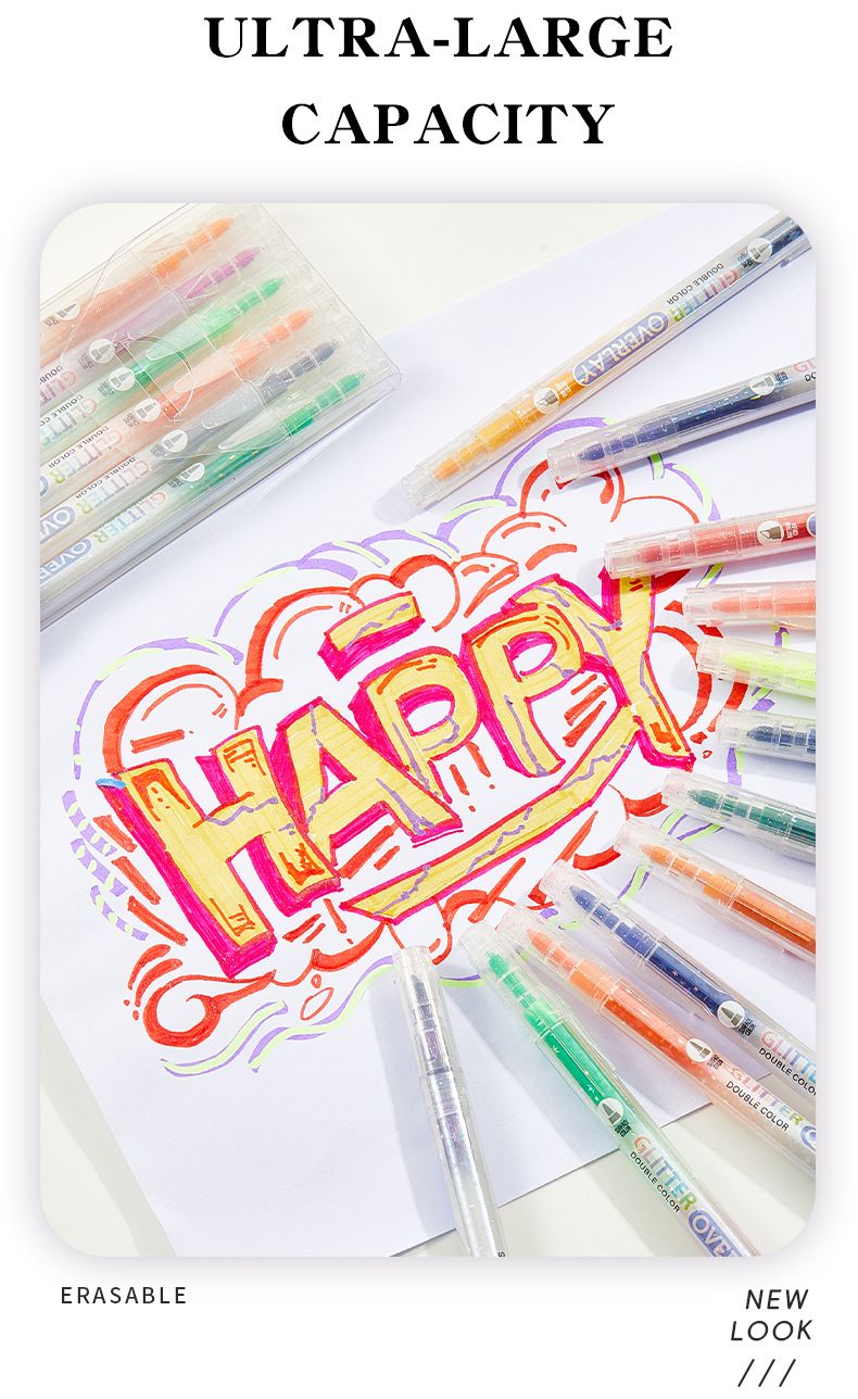 Marqueurs à paillettes et surligneurs à double pointe pour enfants et étudiants, 24 couleurs vives, encre à base d'eau non toxique, parfaits pour la prise de notes_voghion.com