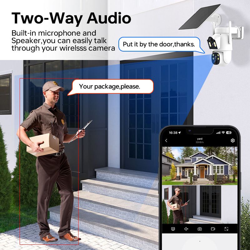 Ηλιακή κάμερα ασφαλείας WiFi, αμφίδρομος ήχος, αδιάβροχη IP65, βίντεο υψηλής ανάλυσης 2160p, ειδοποιήσεις ήχου και κίνησης,_voghion.com