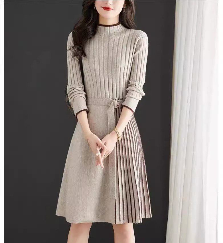 Wollstrickkleid zum Überziehen mit Mantel, mittellanger Damenpullover im neuen Herbst-Winter-Stil zum Binden und Abnehmen_voghion.com