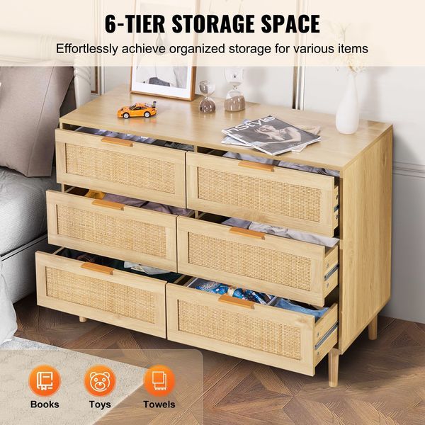 7 Drawer Rattan Dresser, Boho Dresser, Natural Rattan Chest Of Drawers With Spacious Storage, For Bedroom, Living Room & Hallway, Rattan Nights_voghion.com