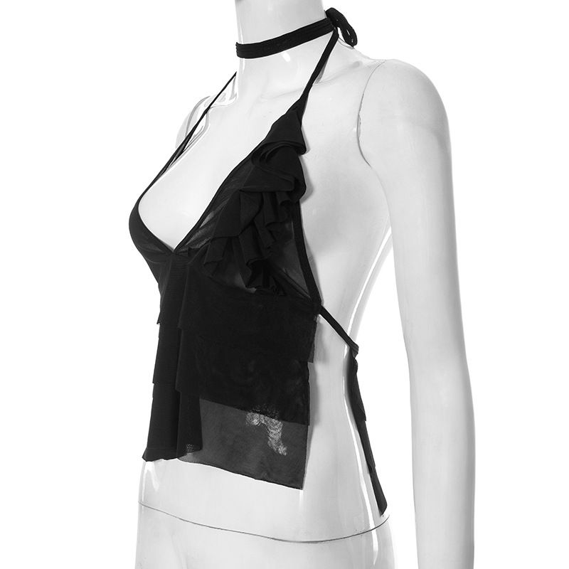 Q23TP310 Top corto sexy de malla negra con borde de madera para colgar el cuello y la parte superior del verano_voghion.com