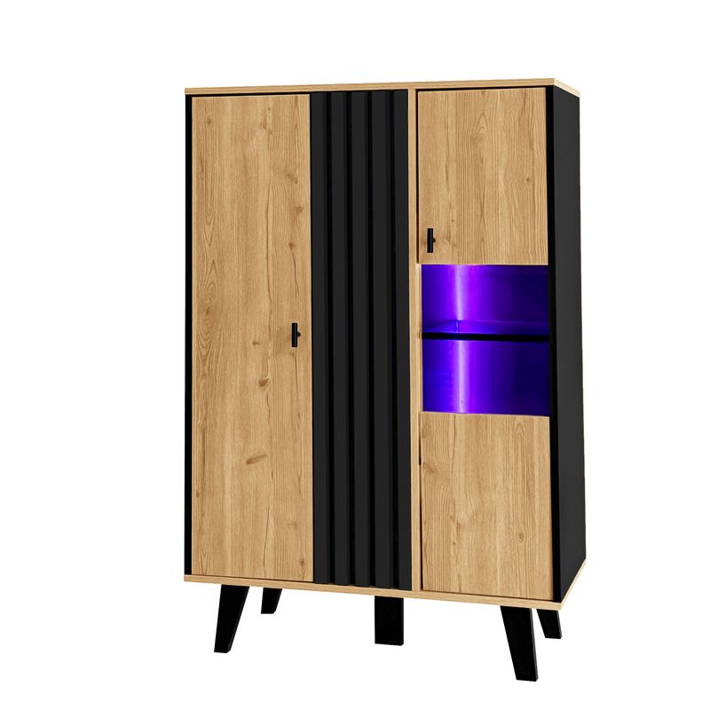 Buffet avec éclairage LED et verre, armoire en stratifié beige avec finition noire et bois, design unique à rayures noires_voghion.com