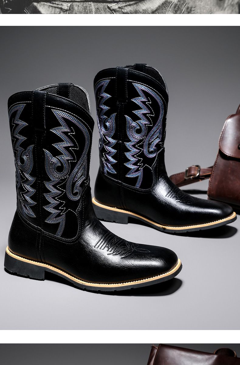 Amekaji Herren-Reitstiefel mit hoher Röhre, bestickt, Western-Cowboy, trendig, für Motorradfahrer, quadratische Zehenpartie_voghion.com