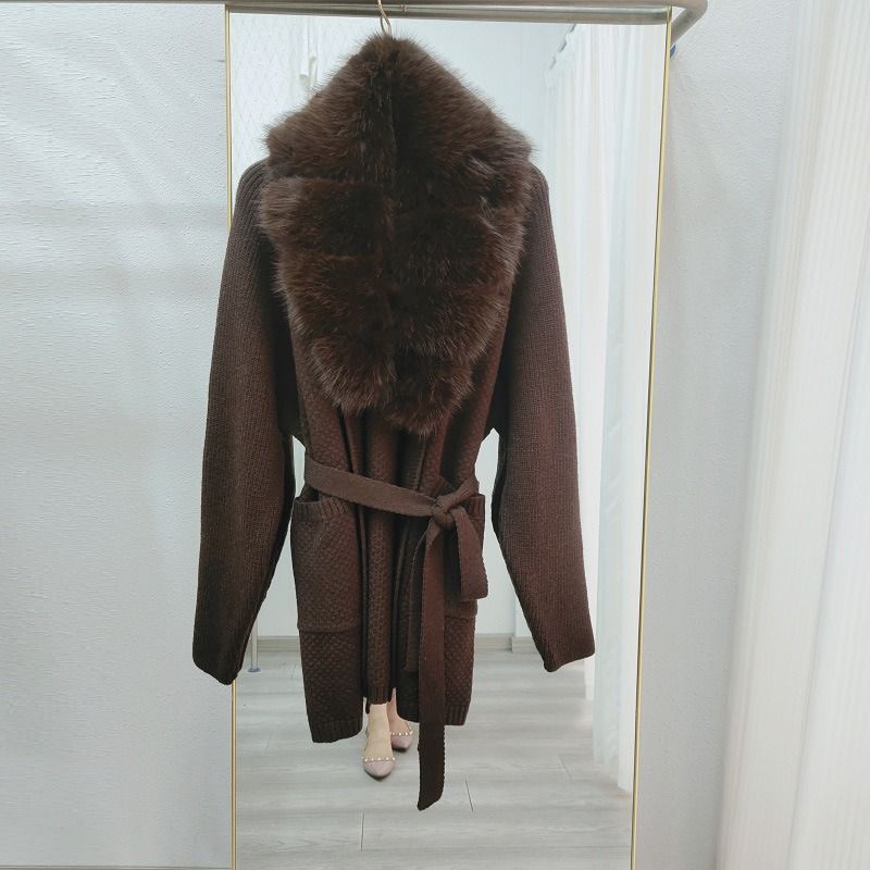 Damenbekleidung: Luxuriöse Strickjacke für Damen mit Kragen aus Kunstfuchspelz – weicher und warmer Pullovermantel mit offener Vorderseite für elegante Freizeitkleidung (Grau, Schwarz)_voghion.com