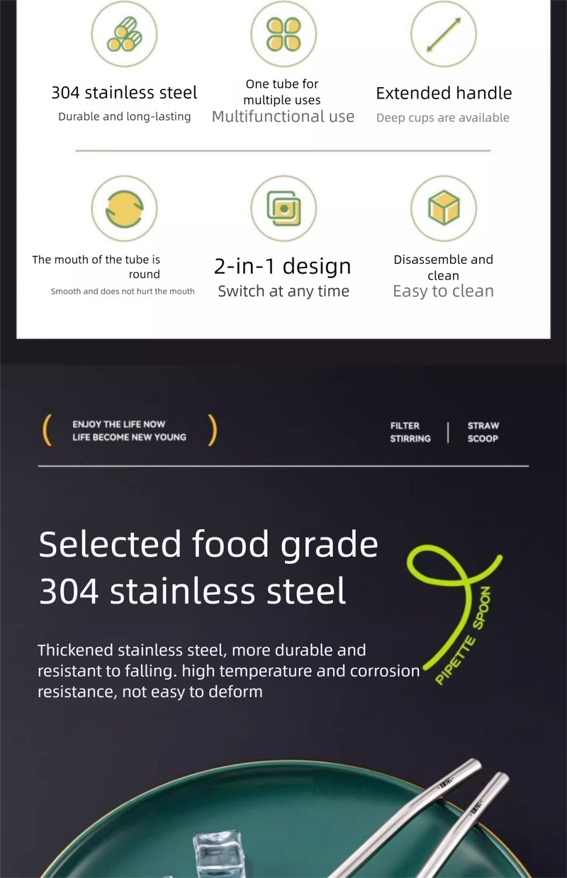 Xiongle 304 Stainless Steel Straw Stirring Extended Handle Office Home Cup Filter Residue Spoon_voghion.com