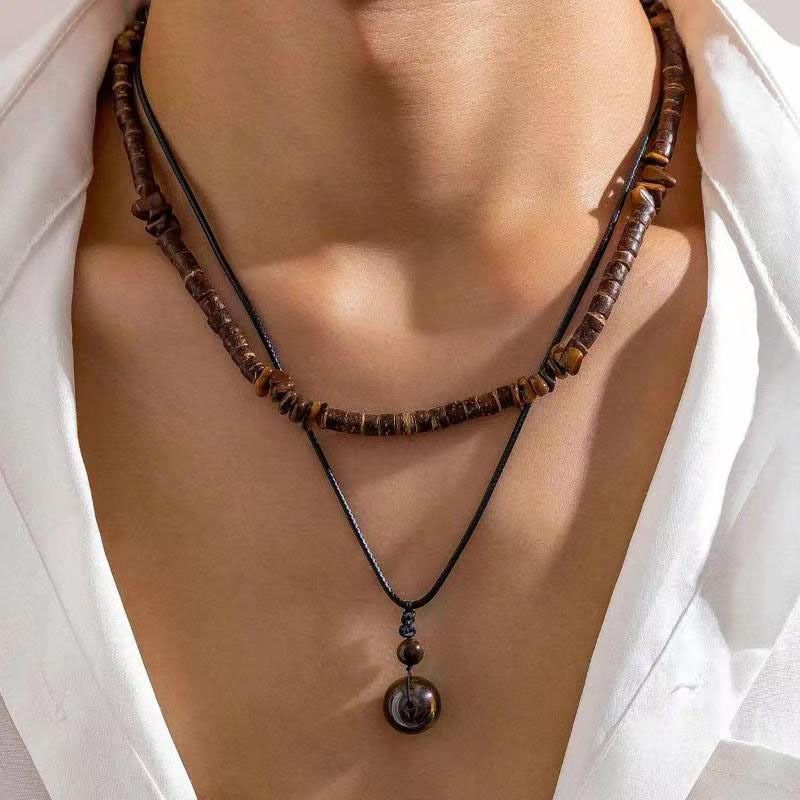 Cross-Border European And American Fashion Coconut Shell Turquoise Leather Wax Cord Necklace Set Hip-Hop Niche Layered_voghion.com