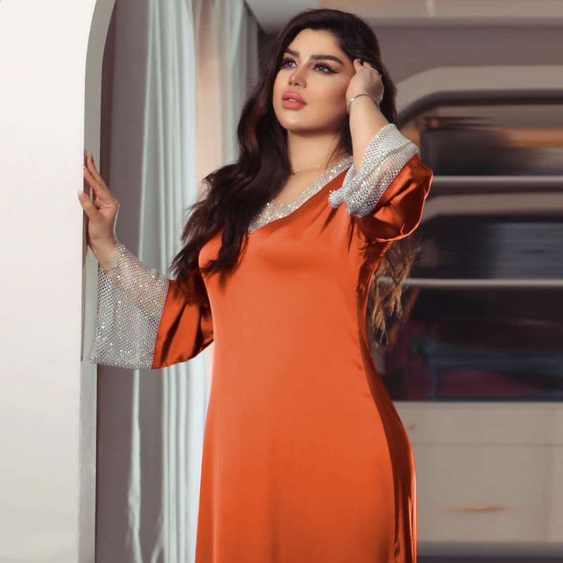 Abito lungo da donna in maglia di diamanti con paillettes in raso per donne musulmane_voghion.com