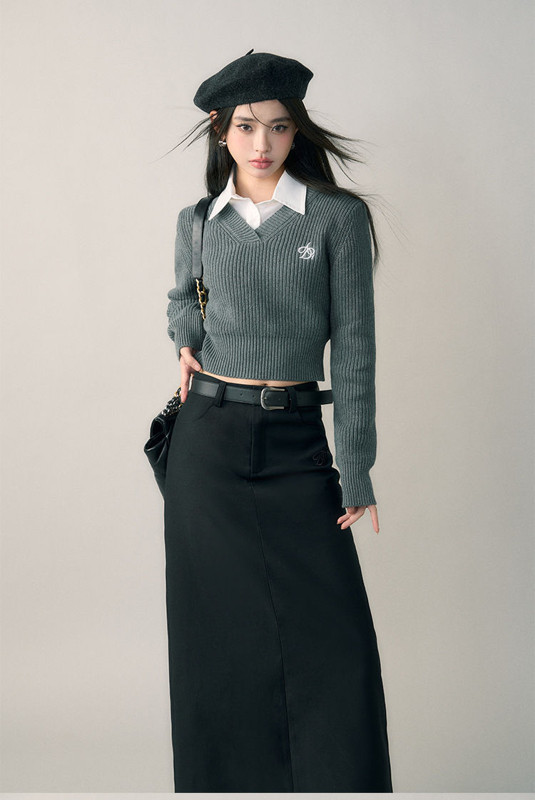 Deeptown Harajuku Basic Schwarz Abgeschnitten Pullover Frauen Vintage Koreanischen Stil Schlank Grau Langarm Strickpullover Weibliche Adrette Mode_voghion.com