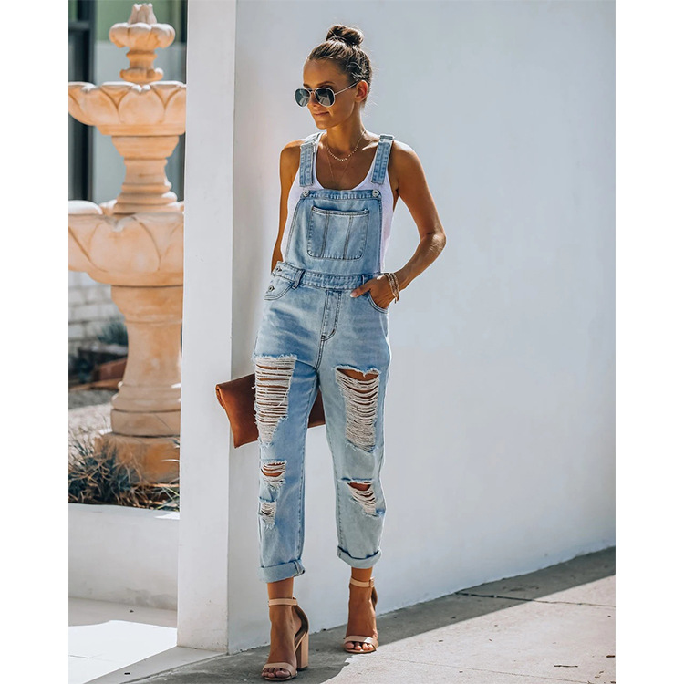 Women's Cross-border women's denim jumpsuits, light-colored temperament, commuter cotton denim, plain mid-waist, blue jeans, women_voghion.com