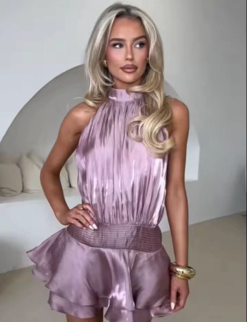 Elegantes Neckholder-Satinkleid – Stretch-Polyester, hohe Taille, kurzer Saum für Damen (Aprikose, Rot, Lila, Gelb, Pink, Hellblau)_voghion.com