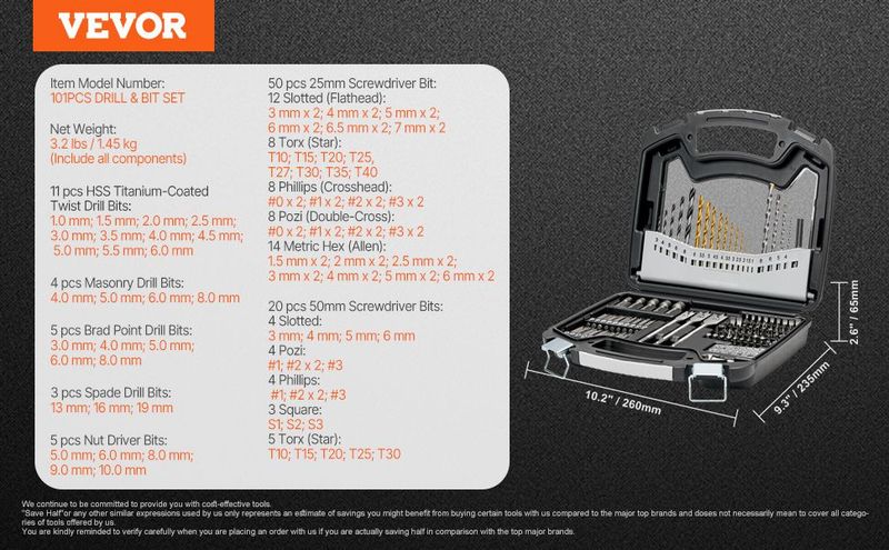 VEVOR Drill Bit Set 101PCS Screwdriver Bit Set With Carrying Case Multi-purpose_voghion.com