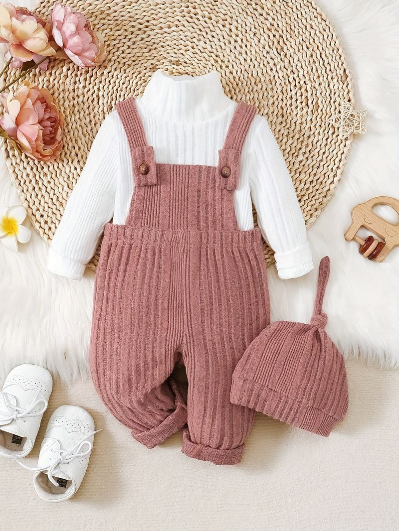 Completo in maglia con fodera in pile per neonata: top con collo alto e salopette (6 mesi-3 anni)_voghion.com