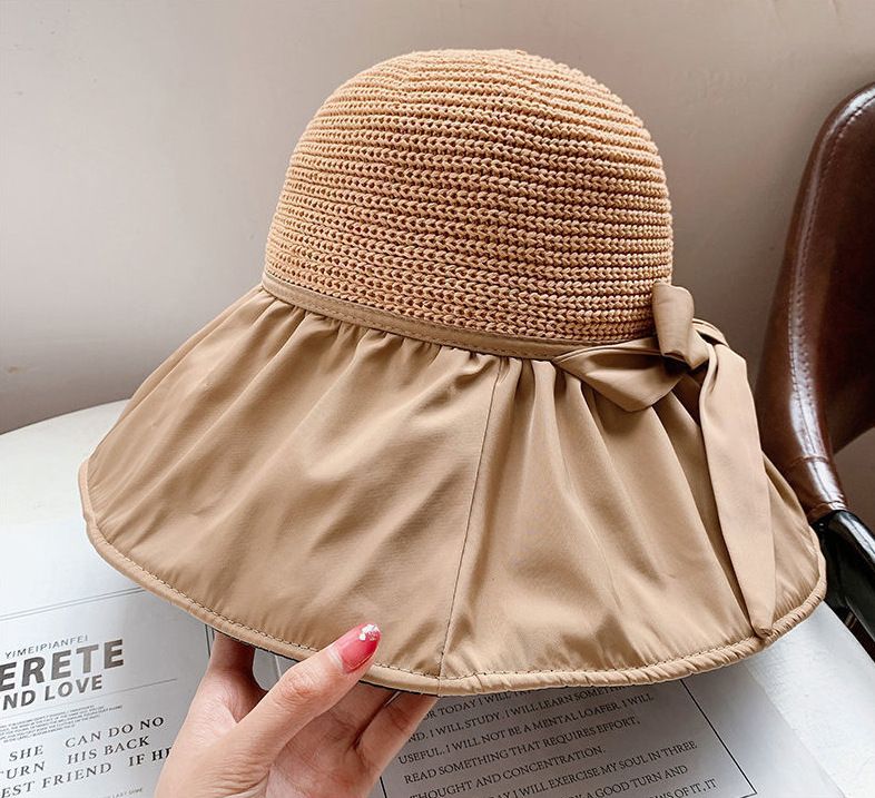 Sommer-Sonnenschirm mit schwarzer Schleife für Damen, koreanischer und japanischer Stil, UV-Schutz, breite Krempe, Gesichtsschutz, Sonne_voghion.com