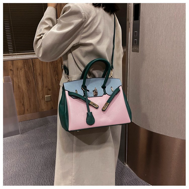 Large Capacity Platinum Bag, Retro And Fashionable Handbag, Women's New Lychee Pattern Contrasting Color Single Shoulder Crossbody Bag_voghion.com