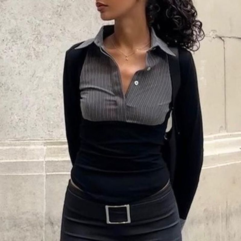 Women's Fashion Color Block Striped Polo Collar Long Sleeve Top – Retro Chic Slim Fit Blouse For Stylish Outfits_voghion.com