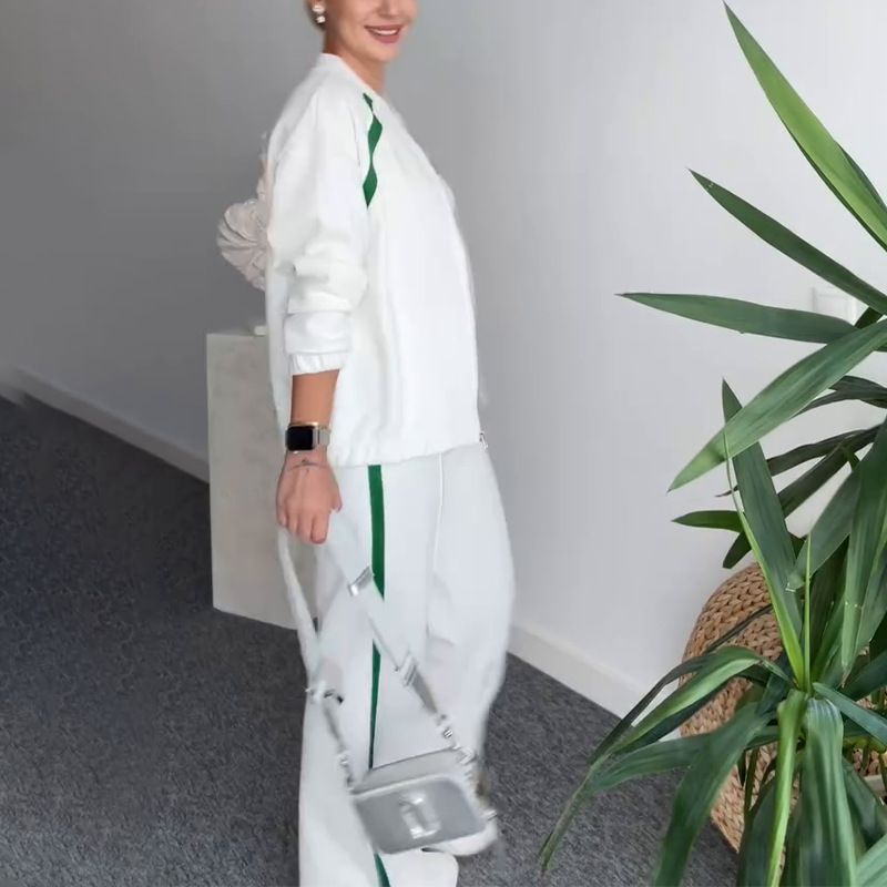 Lässiges zweiteiliges Set für Damen, Frühlings-Loungehose mit Streifen und Farbblock – Bequemer, dehnbarer Jogginganzug aus Polyester für Sport, Reisen und den Alltag_voghion.com