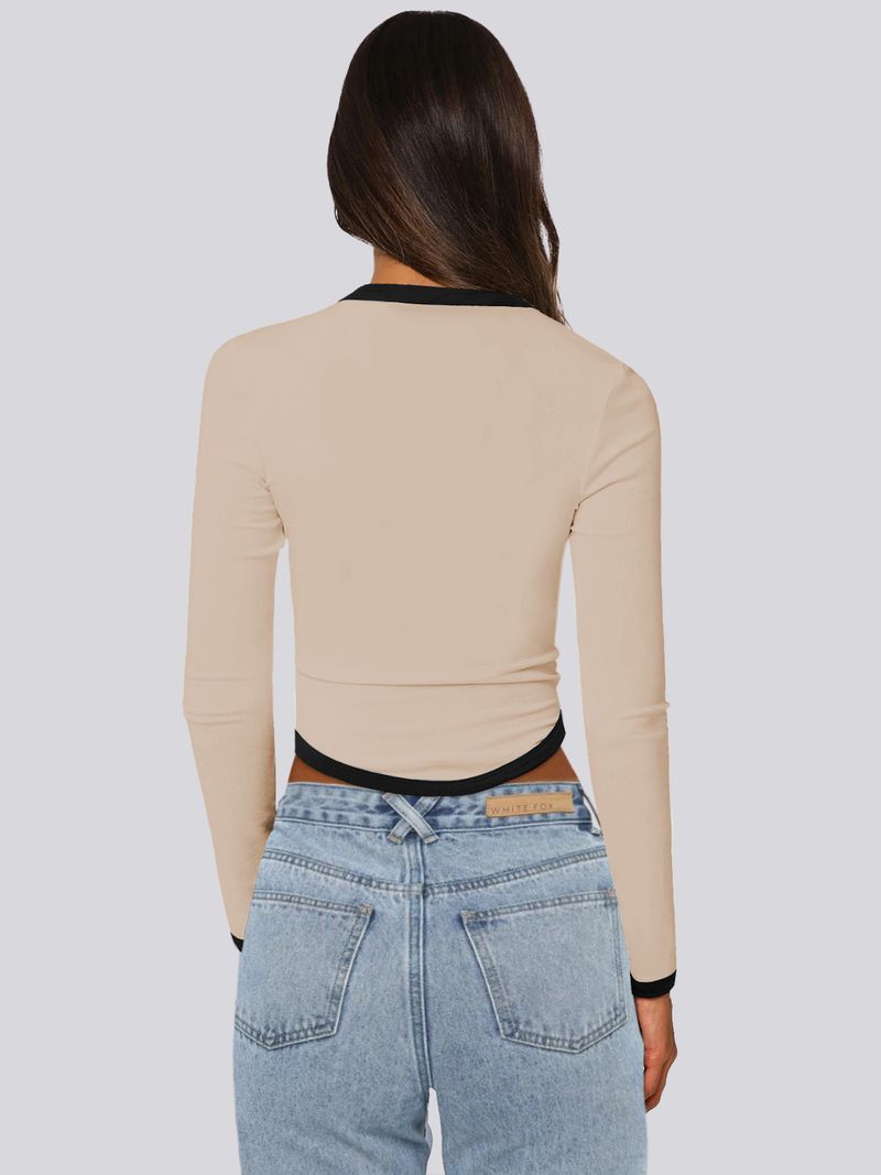 Blusa feminina primavera verão 2025, manga comprida, gola redonda, slim fit, bloco de cores_voghion.com
