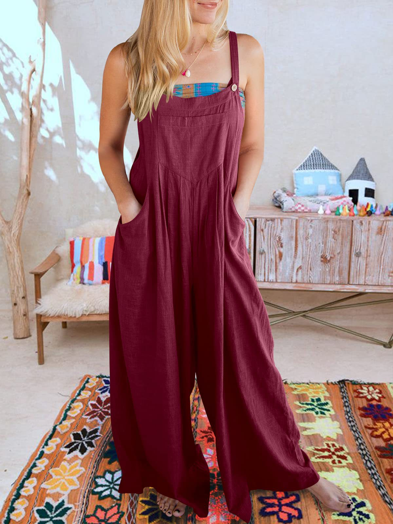 Women's clothing solid color loose casual cotton and linen overalls jumpsuit_voghion.com