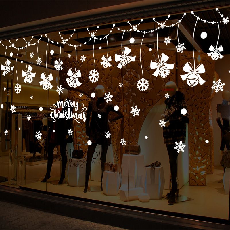 Calcomanías autoadhesivas navideñas de copos de nieve y campanas para ventana - Pegatinas de pared grandes y extraíbles para decoración de tiendas, hogar y oficina (60 x 90 cm, blancas)_voghion.com