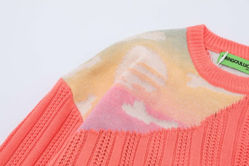 Pull en tricot surdimensionné style hip-hop unisexe, style américain, avec rayures colorées et collier décoré_voghion.com
