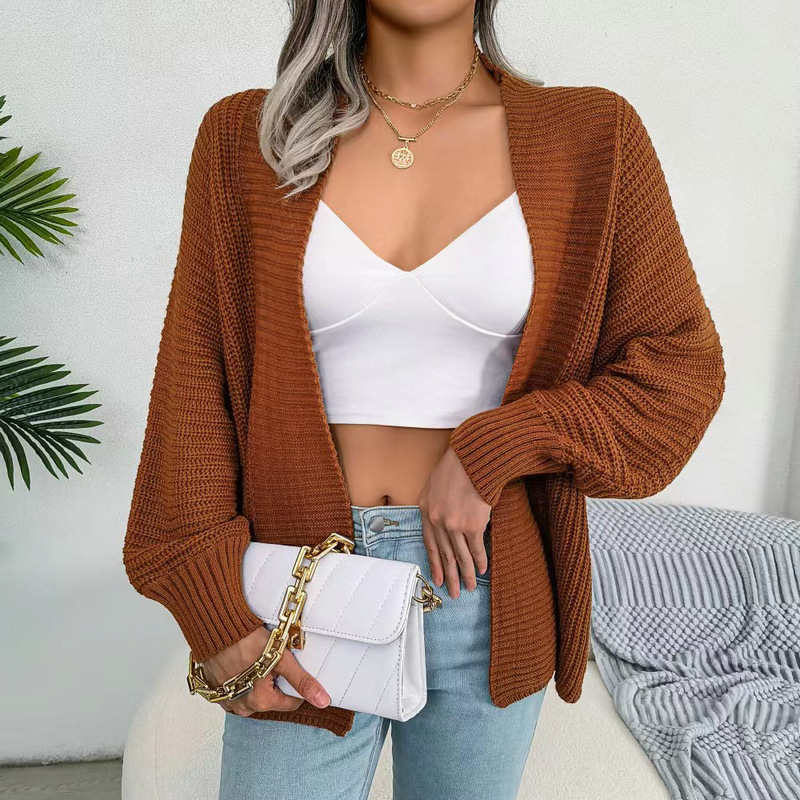 Women's casual bat long-sleeved loose cardigan sweater sweater jacket small shirt_voghion.com