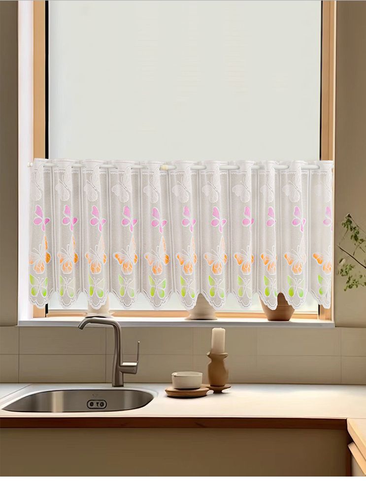 Elegant Lace Door Curtain With Butterfly Embroidery - Sheer Semi Curtain For Bedroom, Study, Bathroom (3 Sizes, 4 Colors)_voghion.com