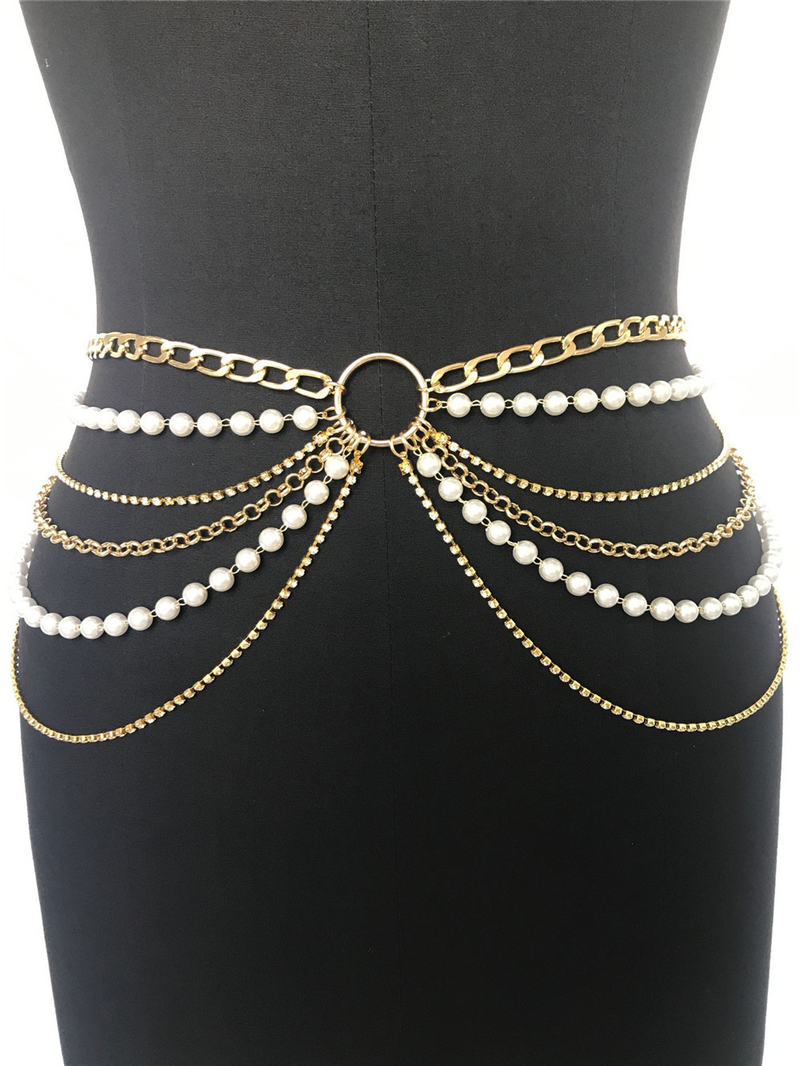Catena di perle con anello per l'industria pesante di lusso Catena in metallo con catena di strass Catena in vita multistrato_voghion.com