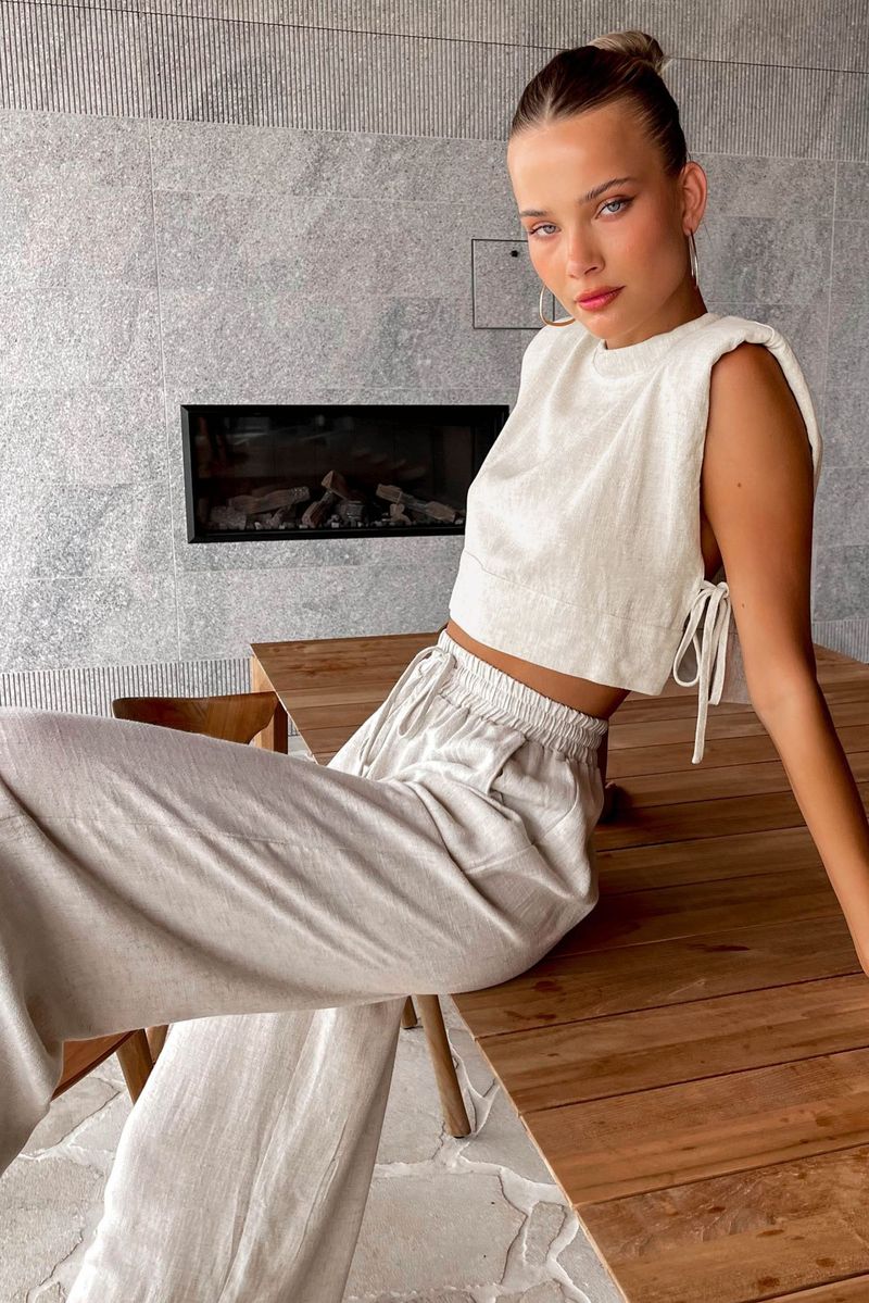 Moda feminina ombro almofada sem mangas blusa e calças de duas peças casual moda algodão linho terno_voghion.com