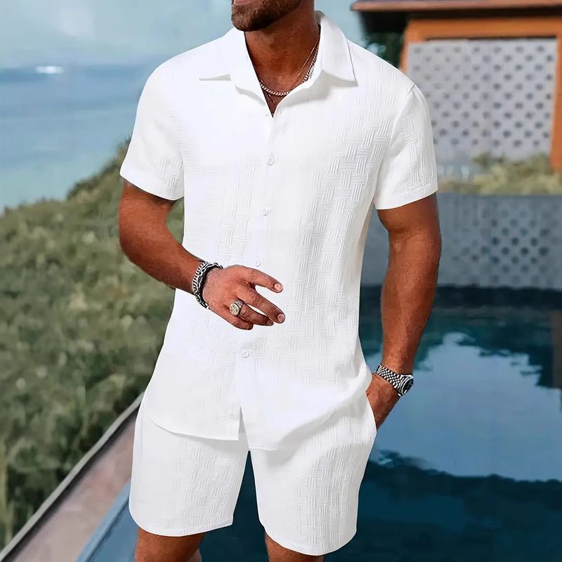 Herenkleding Zomer Jacquard Zwart Wit Effen Kleur Herenpak Korte Mouw Vakantie Casual Stijl Overhemd Shorts Tweedelig Pak_voghion.com