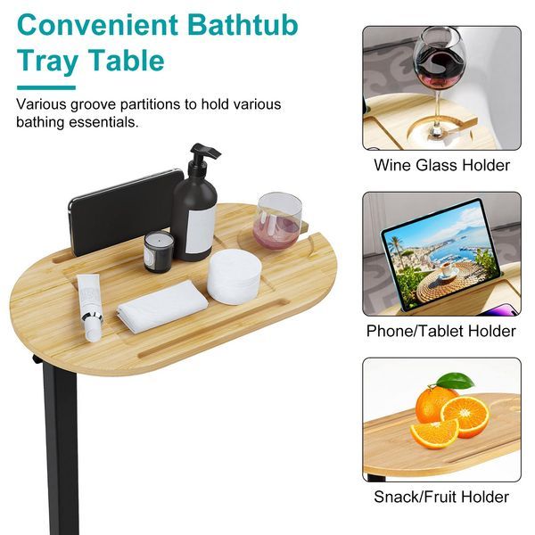 Bath Tub Tray Table, Liftable Freestanding Bamboo Bath Tray Caddy For Tub Against Wall, Bath Table Tray Tub Shelf Bathroom Organizer Shelf For Luxur_voghion.com