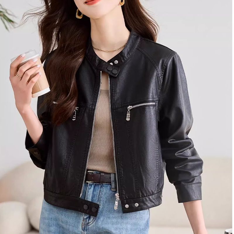 2024 Spring New Women's With Small Stand Collar, Black Trendy Cool Fashionable Short Washed Motorcycle Leather Jacket_voghion.com