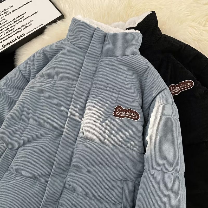 "Unisex Corduroy Reversible Puffer Jacket With Sherpa Fleece Lining – Winter Streetwear Coat In Black/Sky Blue/Beige (M-XXL)"_voghion.com