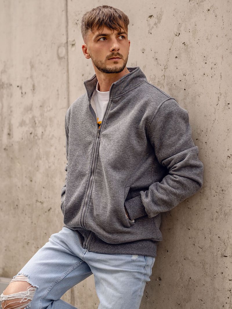 Giacca casual da uomo in pile con cerniera completa e collo alto, con tasche laterali - Pullover leggero e caldo per autunno e inverno (nero, grigio chiaro)_voghion.com