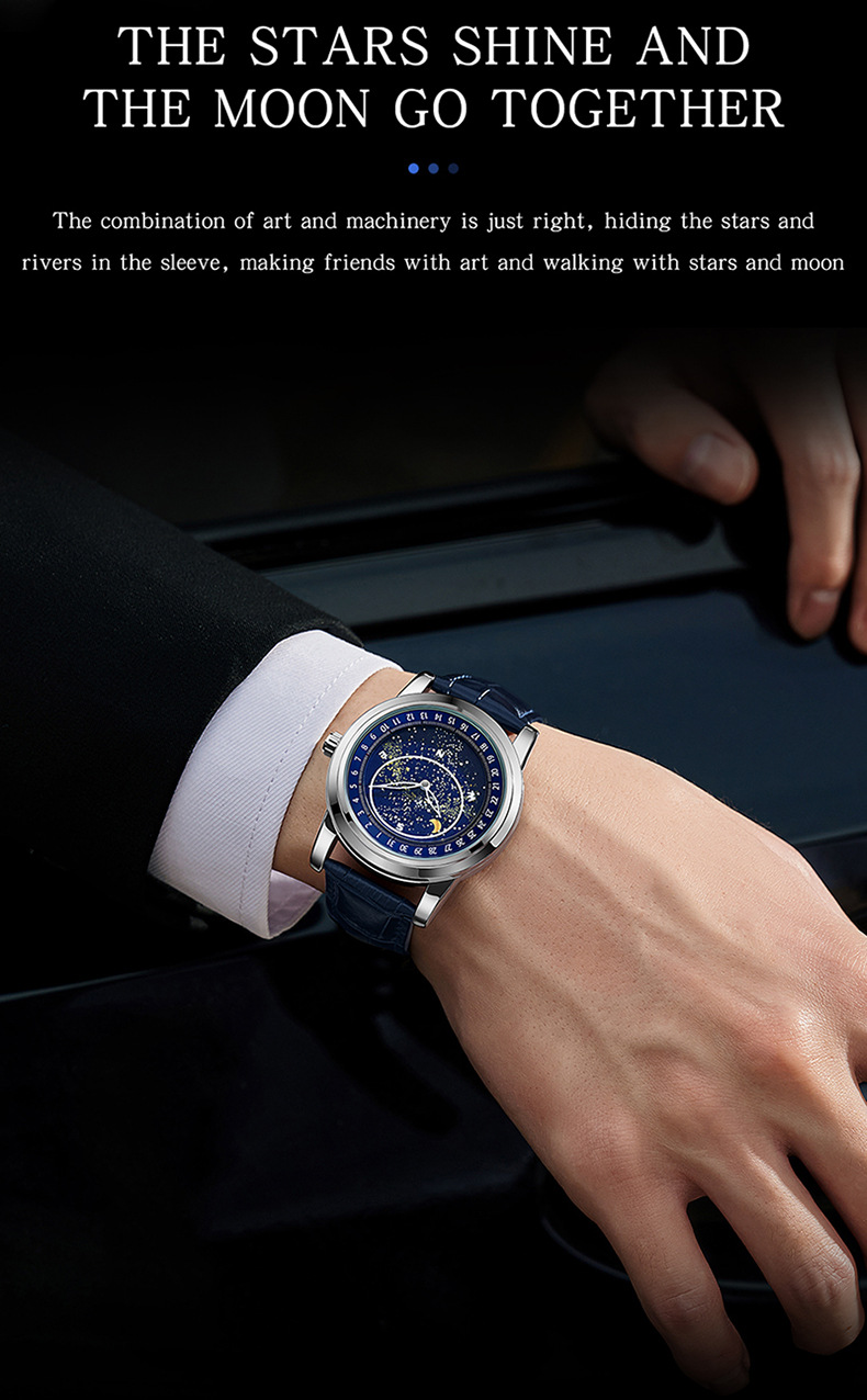 Montre mécanique automatique pour homme avec cadran étoilé rotatif, aiguilles lumineuses, étanche jusqu'à 30 m, fermoir en acier inoxydable, bracelet en cuir véritable_voghion.com