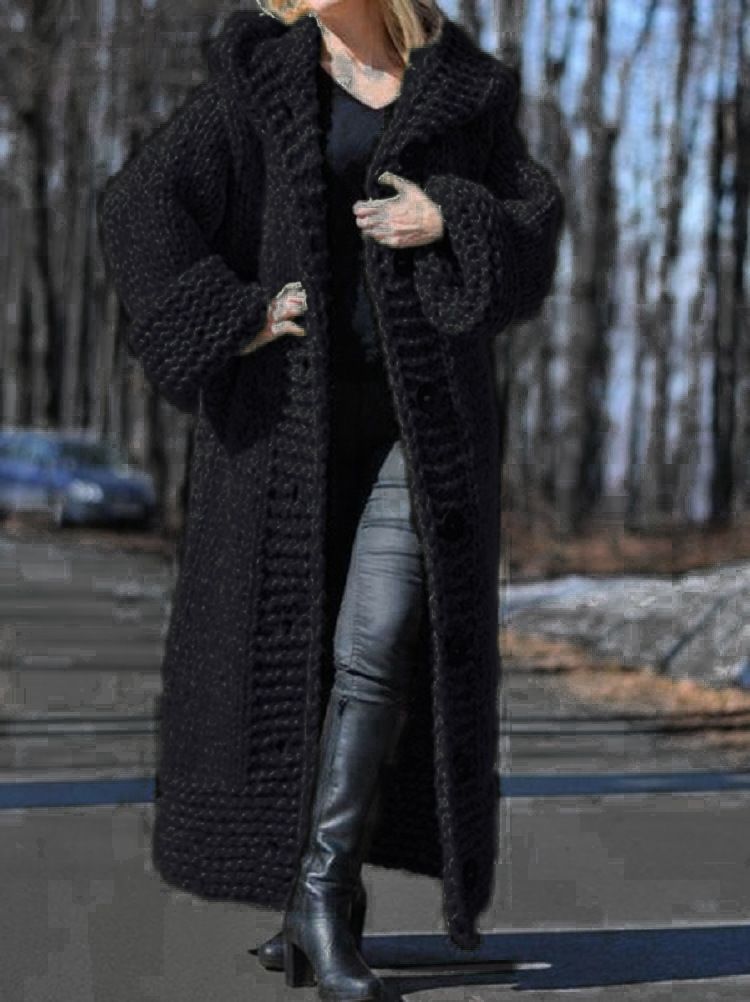 Damenbekleidung neue Kapuzenstrickjacke verdickter Strickpullover langer Pullover_voghion.com