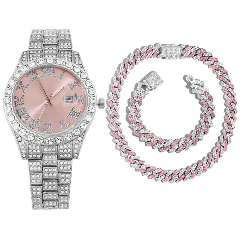 Hip Hop-klokkesett for menn Quartz Calendar Alloy Diamond Watch Armbånd & Halskjede_voghion.com
