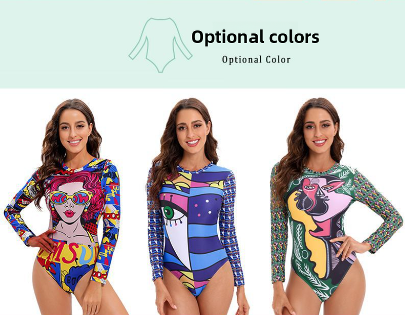 Neu Einteiliges Bikini Persönlichkeit Abstrakte Druck Badeanzug Frauen Langarm_voghion.com